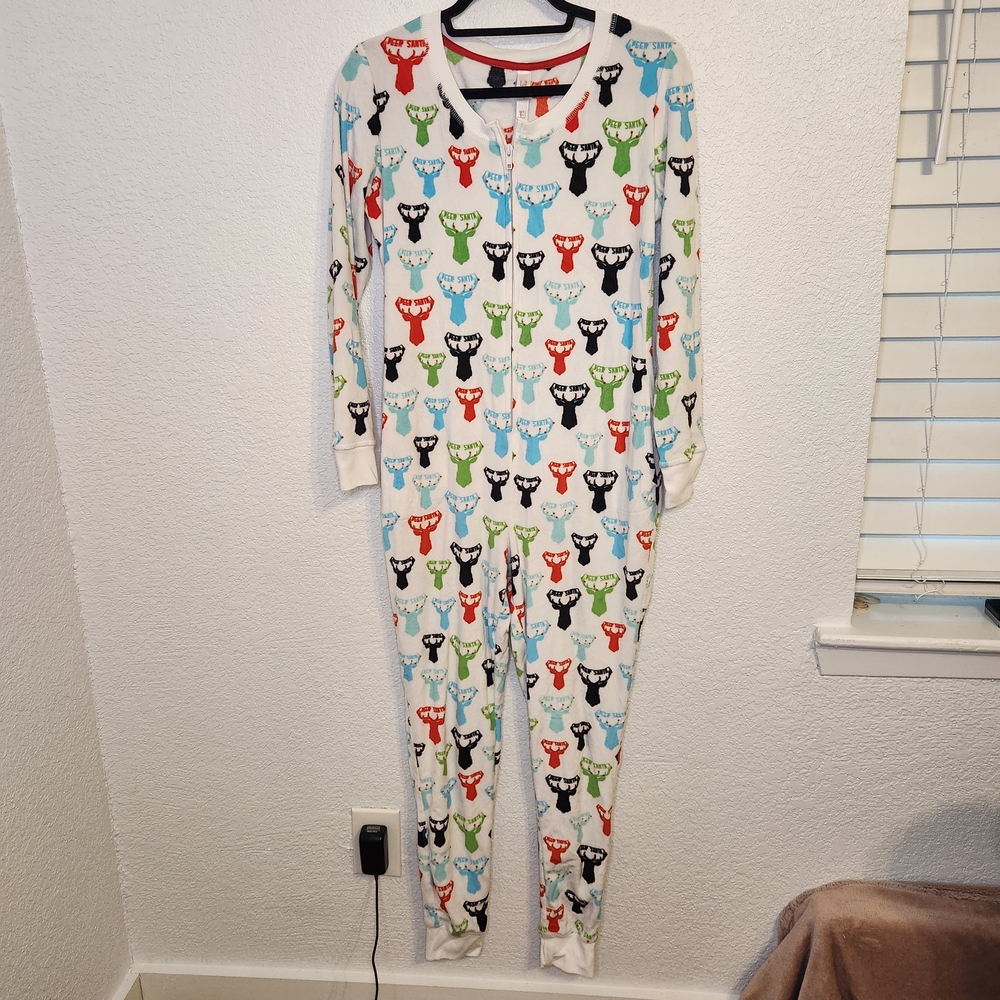 Womens White Deer Reindeer Christmas Holiday Union Suit Pajamas SZ XS S